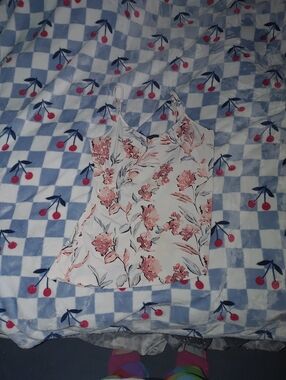 White House Black Market White Floral Spaghetti Strap Top with Pink Blossoms